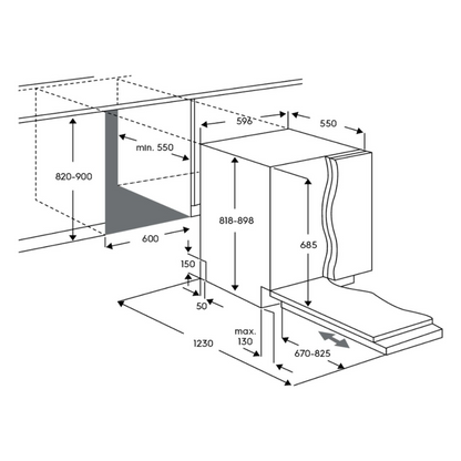 Angled view of the dimensions of the Electrolux 60cm fully integrated dishwasher. 