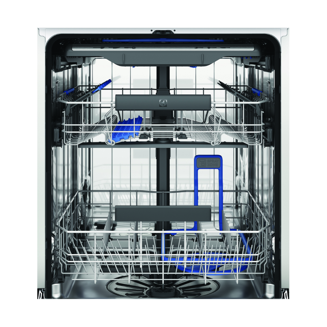 Close up view of the interior of the Electrolux 60cm fully integrated dishwasher showing the top an bottom baskets empty.