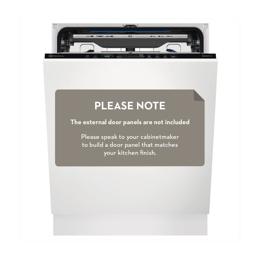 Front view of the Electrolux 60cm fully integrated dishwasher in white with the door half open showing the digital touch controls and a notice stating the door panels are not included - speak to a cabinet maker to design a panel which matches your kitchen finish.