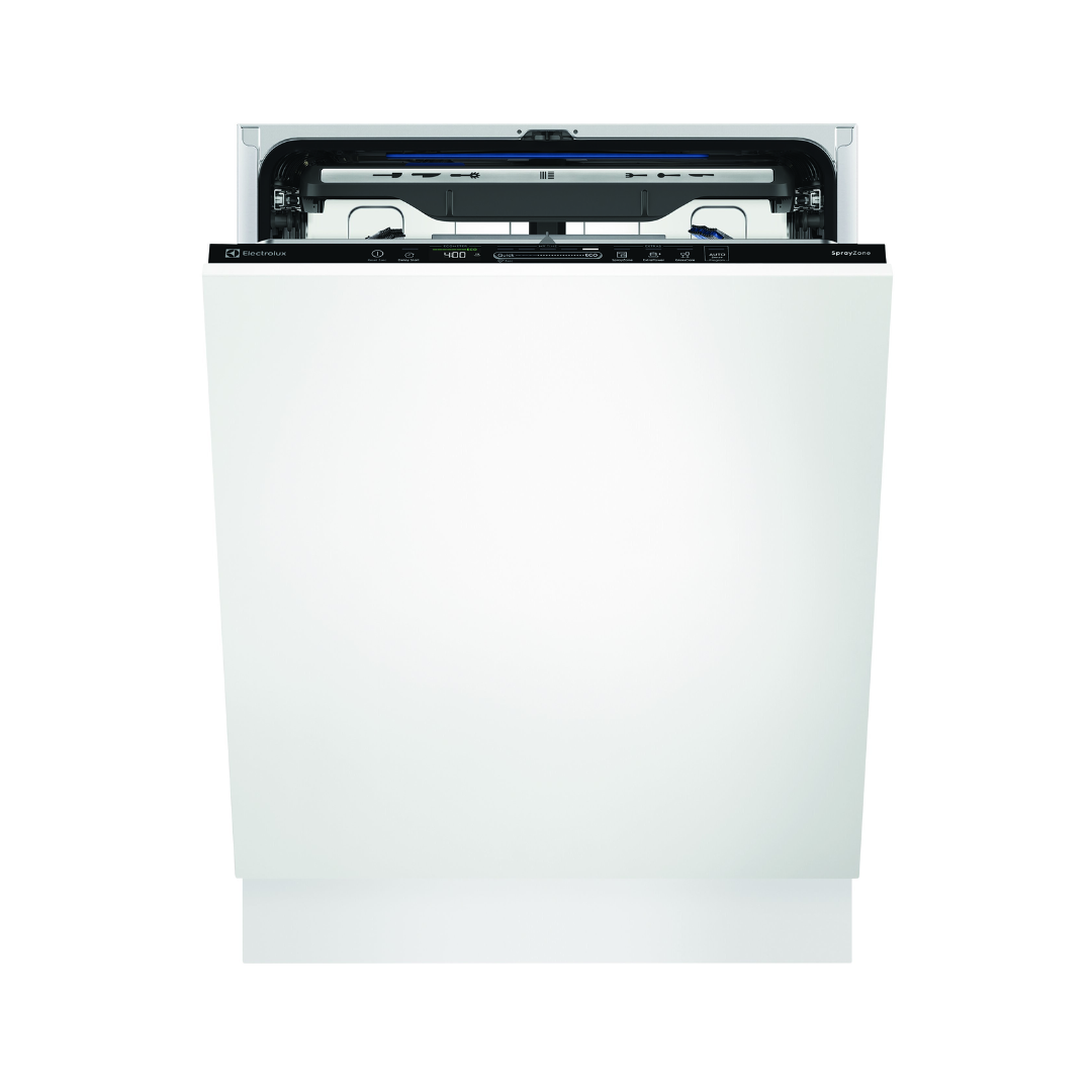 Front view of the Electrolux 60cm fully integrated dishwasher in white with the door half open showing the touch control panel for different wash cycles.