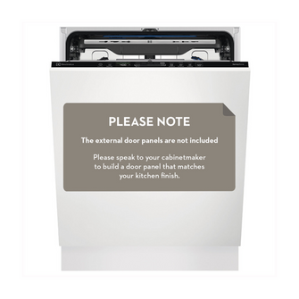 Front view of the Electrolux 60cm fully integrated dishwasher in white with the door half open showing the digital touch controls and a notice stating the door panels are not included - speak to a cabinet maker to design a panel which matches your kitchen finish.