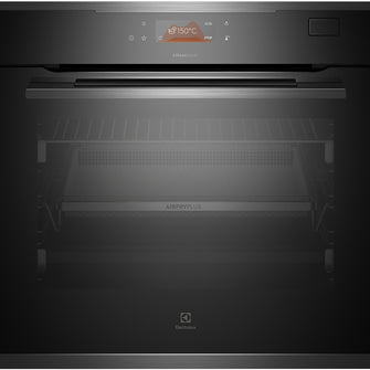 Black Electrolux  oven with digital display and 'Airfry Plus' branding on a black background
