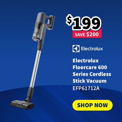 Electrolux cordless stick vacuum cleaner with price and brand logo on a blue background - on sale $199 - Save $200
