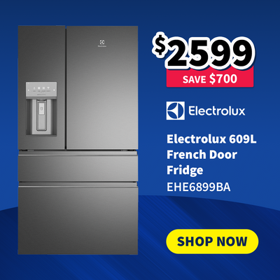 Electrolux French door fridge with promotional pricing on sale now $2599 - Save $700 on a blue background