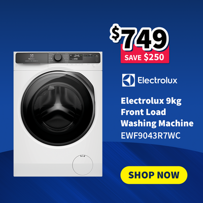 Electrolux 9kg front load washing machine with promotional pricing on sale now $749 - Save $250 on a blue background