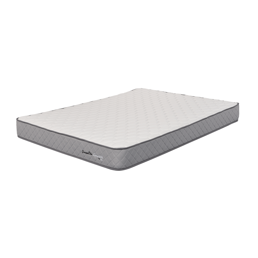 Grey and white DreamRite mattress at an angle on a white background