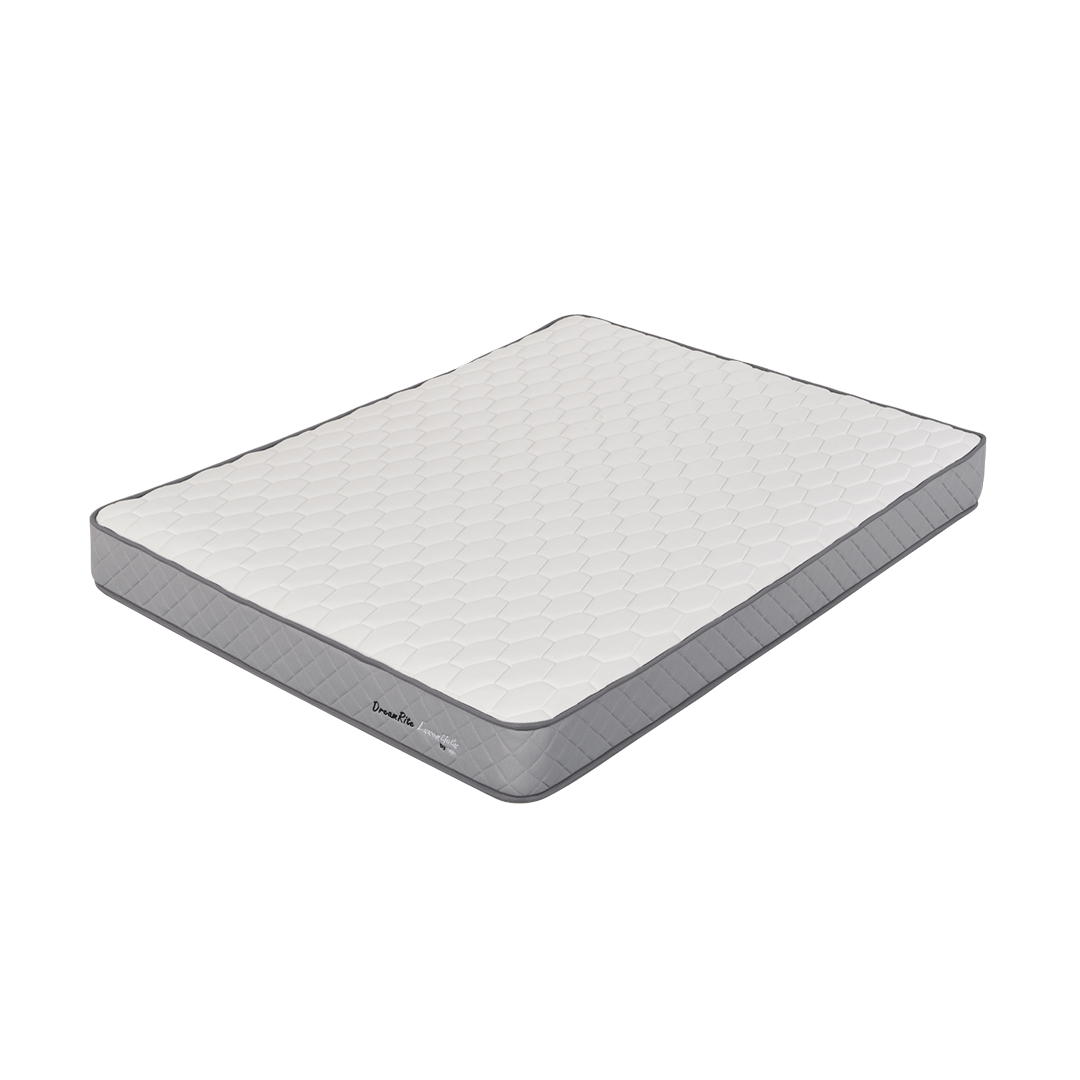 Grey and white mattress at an angle on a white background