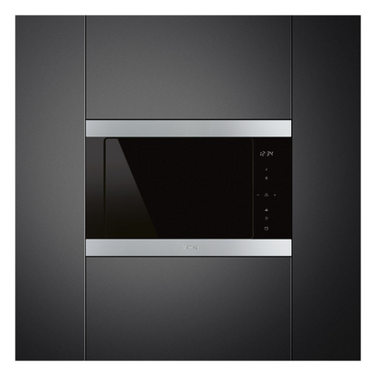 Smeg Stainless Steel built-in microwave oven with silver trim on a black background