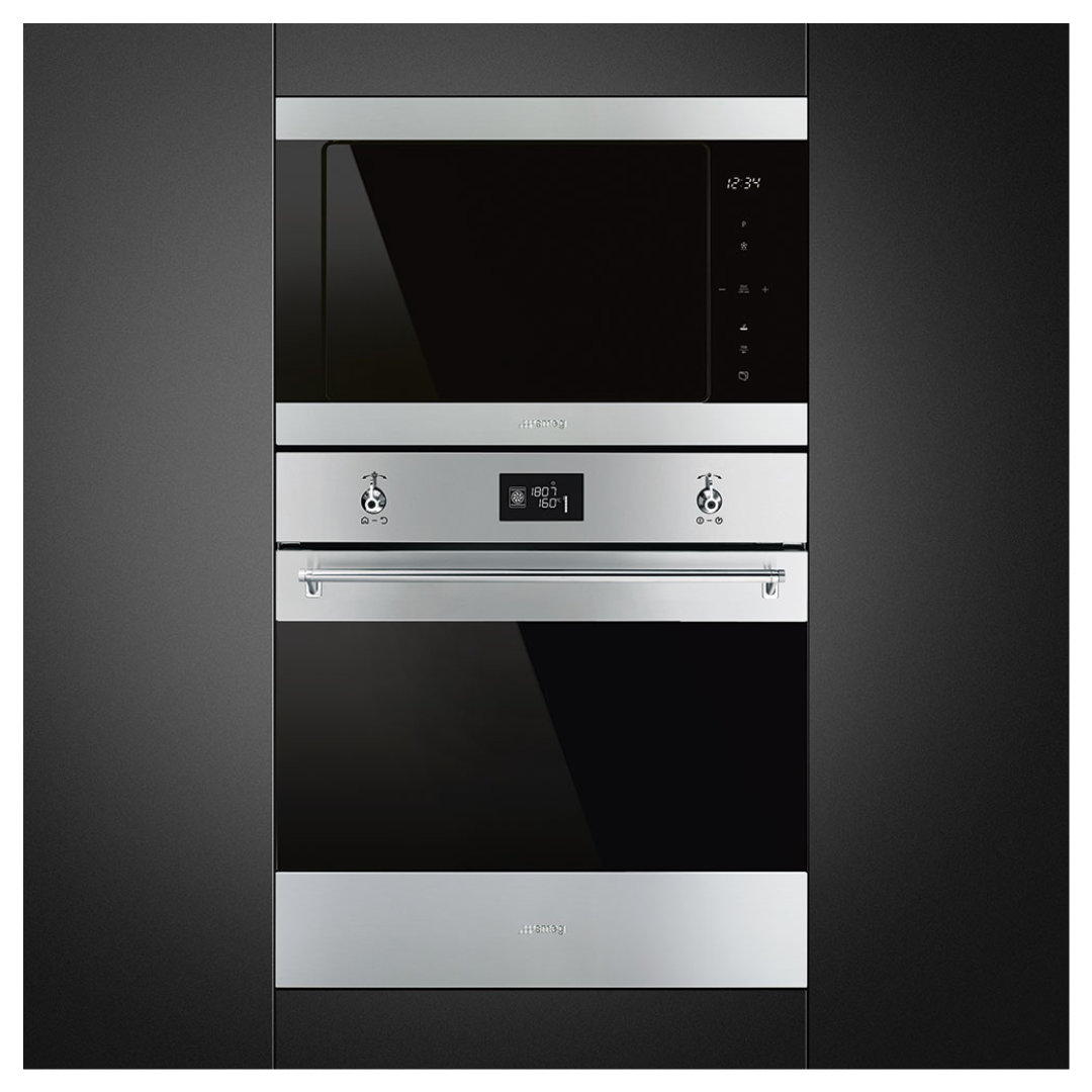 Smeg Stainless steel built-in oven and a Smeg built-in microwave combination on a black background