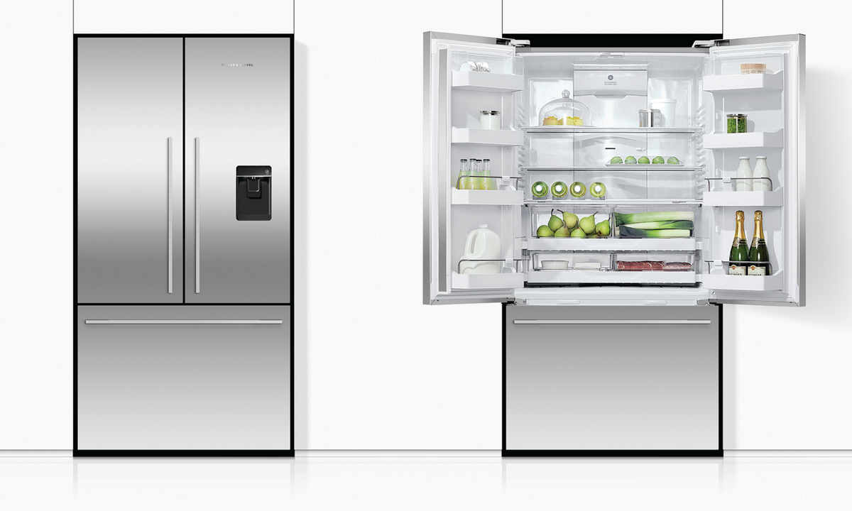 Two Fisher and Paykel French Door Fridges in Stainless Steel, one with doors closed and one with doors open and stocked with green items