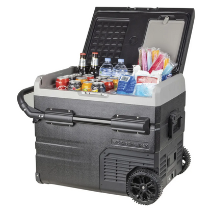 Brass Monkey portable fridge freezer open with drinks and ice blocks inside, featuring rugged wheels and telescopic handle, perfect for camping and outdoor use.
