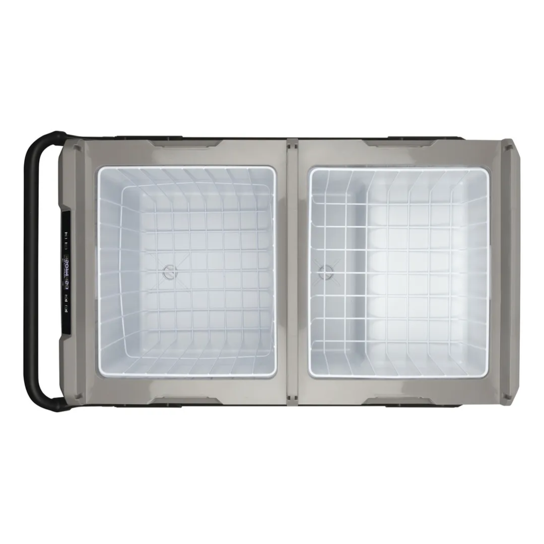 Top view of the Brass Monkey dual zone fridge/freezer with the lids open showing the storage compartments and control panel.