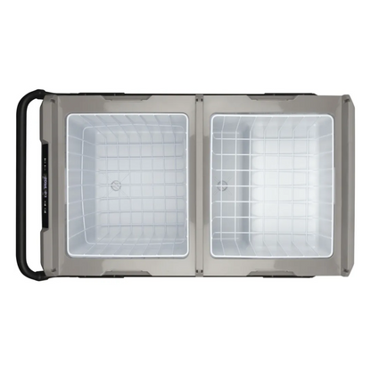 Top view of the Brass Monkey dual zone fridge/freezer with the lids open showing the storage compartments and control panel.