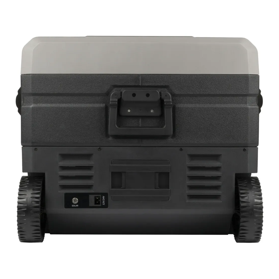 Side view of the Brass Monkey portable dual fridge/freezer with rugged wheels, solar and 12/24V inputs, and carry handle designed for outdoor use. 