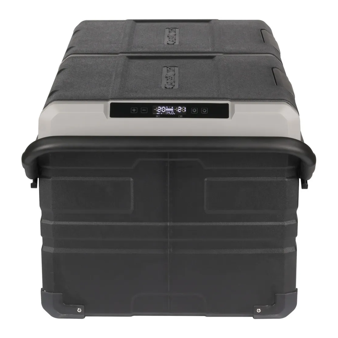 Side view of Brass Monkey portable dual zone fridge/freezer with digital control panel, heavy duty handles, and rugged design ideal for camping, caravanning and outdoor refrigeration needs.
