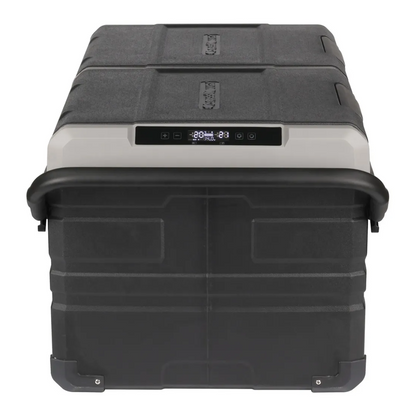 Side view of Brass Monkey portable dual zone fridge/freezer with digital control panel, heavy duty handles, and rugged design ideal for camping, caravanning and outdoor refrigeration needs.