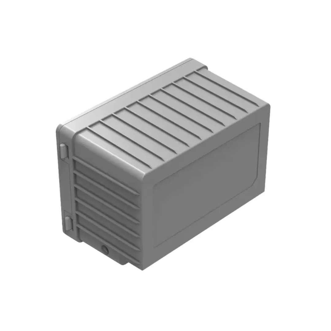 Rear angled view of removeable lithium battery with ribbed housing and compact design, suitable for portable fridges, camping power stations and outdoor energy applications.