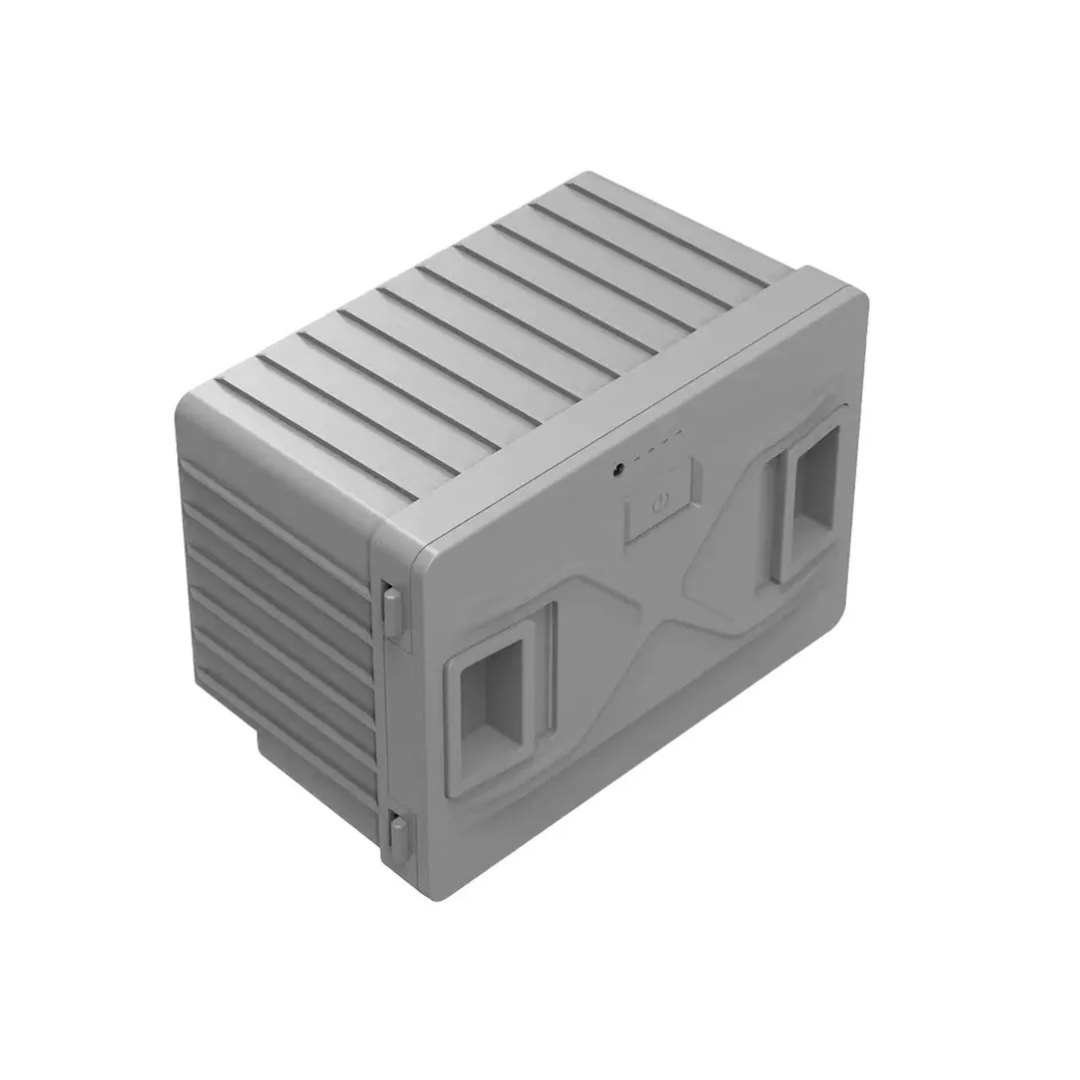 Angled view of removeable lithium battery with ribbed casing, recessed handles, power button, and LED indicators, ideal for powering portable fridges and outdoor gear.