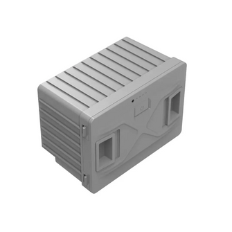 Angled view of removeable lithium battery with ribbed casing, recessed handles, power button, and LED indicators, ideal for powering portable fridges and outdoor gear.