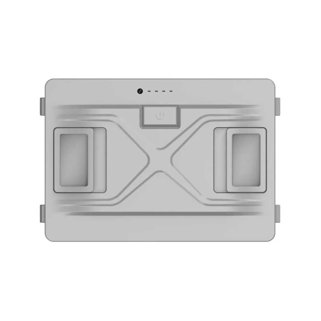 Top view of a removeable lithium battery with recessed handles, power button, and battery level indicator, designed for portable fridges and outdoor camping equipment.