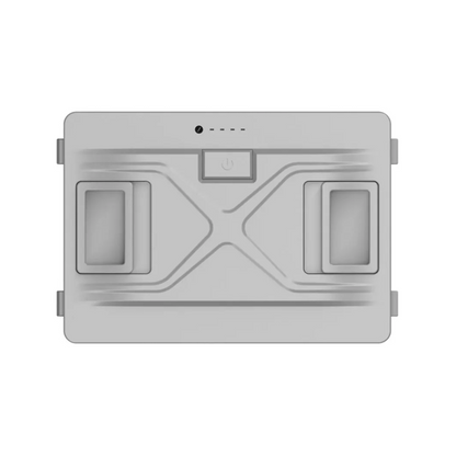 Top view of a removeable lithium battery with recessed handles, power button, and battery level indicator, designed for portable fridges and outdoor camping equipment.