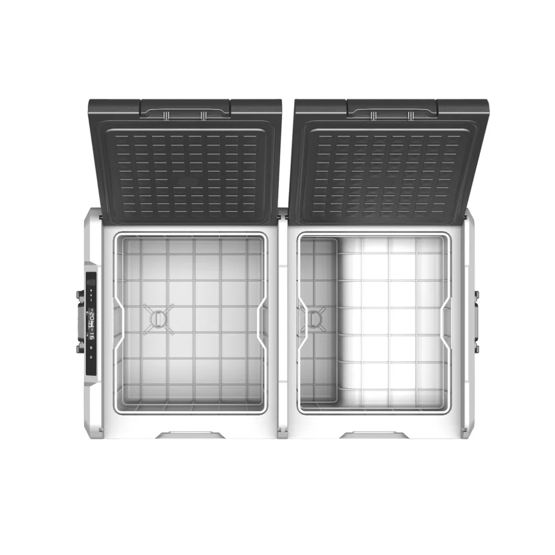 Top view of the Brass Monkey fridge/freezer with both lids open showing its storage capacity and controls on the left side panel.