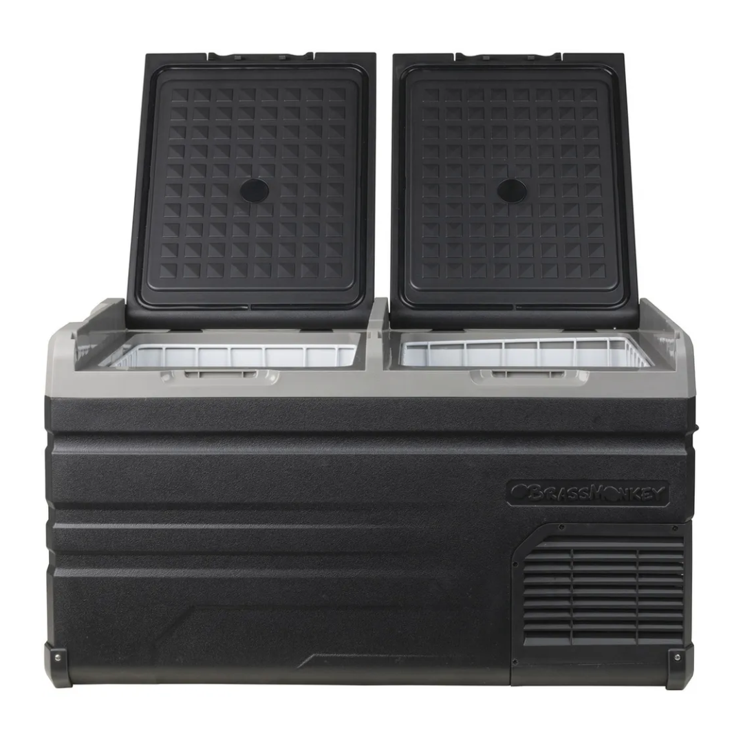 Brass Monkey dual zone fridge/freezer with both lids open, showing storage capacity, ideal for camping, travel and outdoor adventures. 