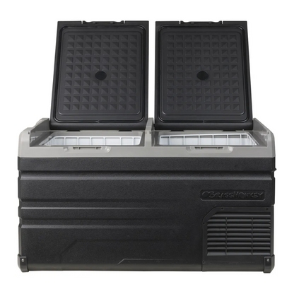 Brass Monkey dual zone fridge/freezer with both lids open, showing storage capacity, ideal for camping, travel and outdoor adventures. 