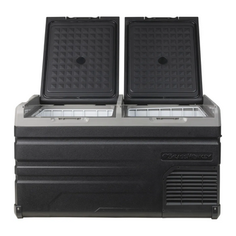 Brass Monkey dual zone fridge/freezer with both lids open, showing storage capacity, ideal for camping, travel and outdoor adventures. 