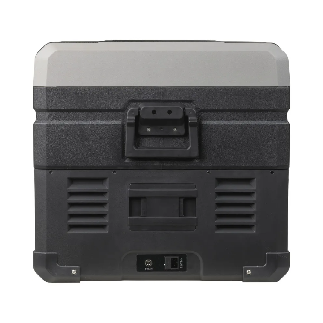 Side view of the Brass Monkey fridge/freezer with ventilation grills, carry handles, and solar/DC power input ports, ideal for camping and outdoor use. 