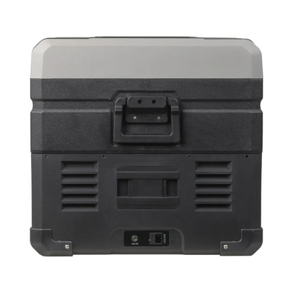 Side view of the Brass Monkey fridge/freezer with ventilation grills, carry handles, and solar/DC power input ports, ideal for camping and outdoor use. 