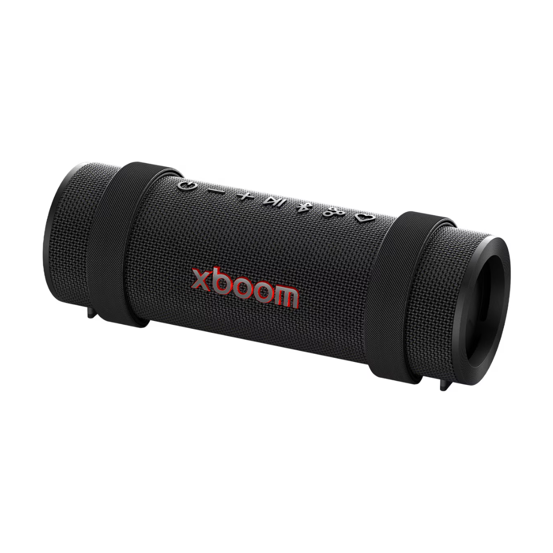 Black LG Grab xboom portable speaker at angle on a white background.