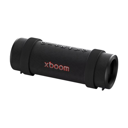 Black LG Grab xboom portable speaker at angle on a white background.