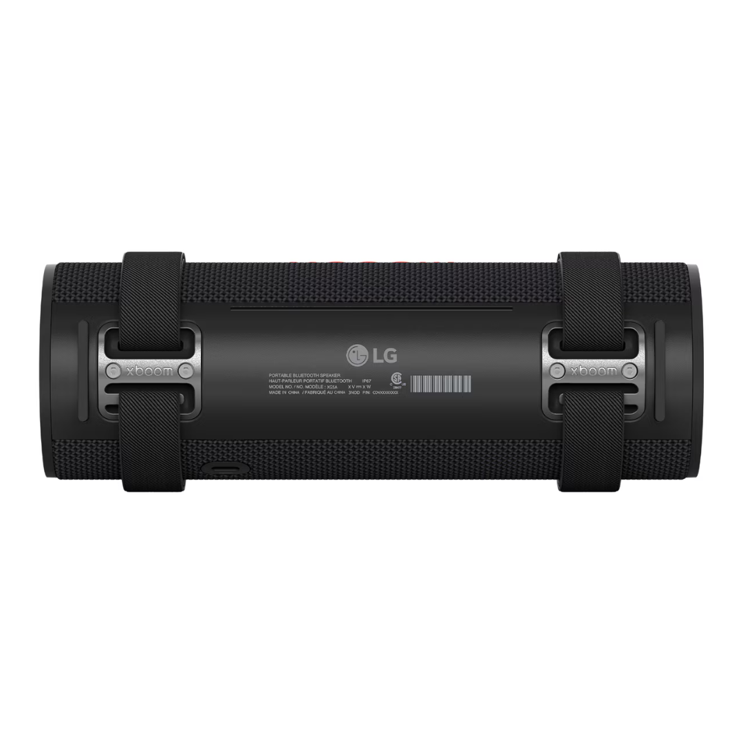 Black LG Grab xboom portable speaker back view on a white background