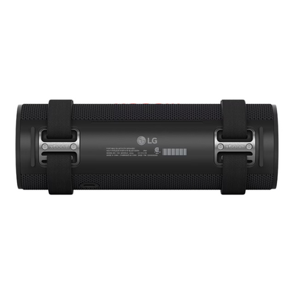Black LG Grab xboom portable speaker back view on a white background