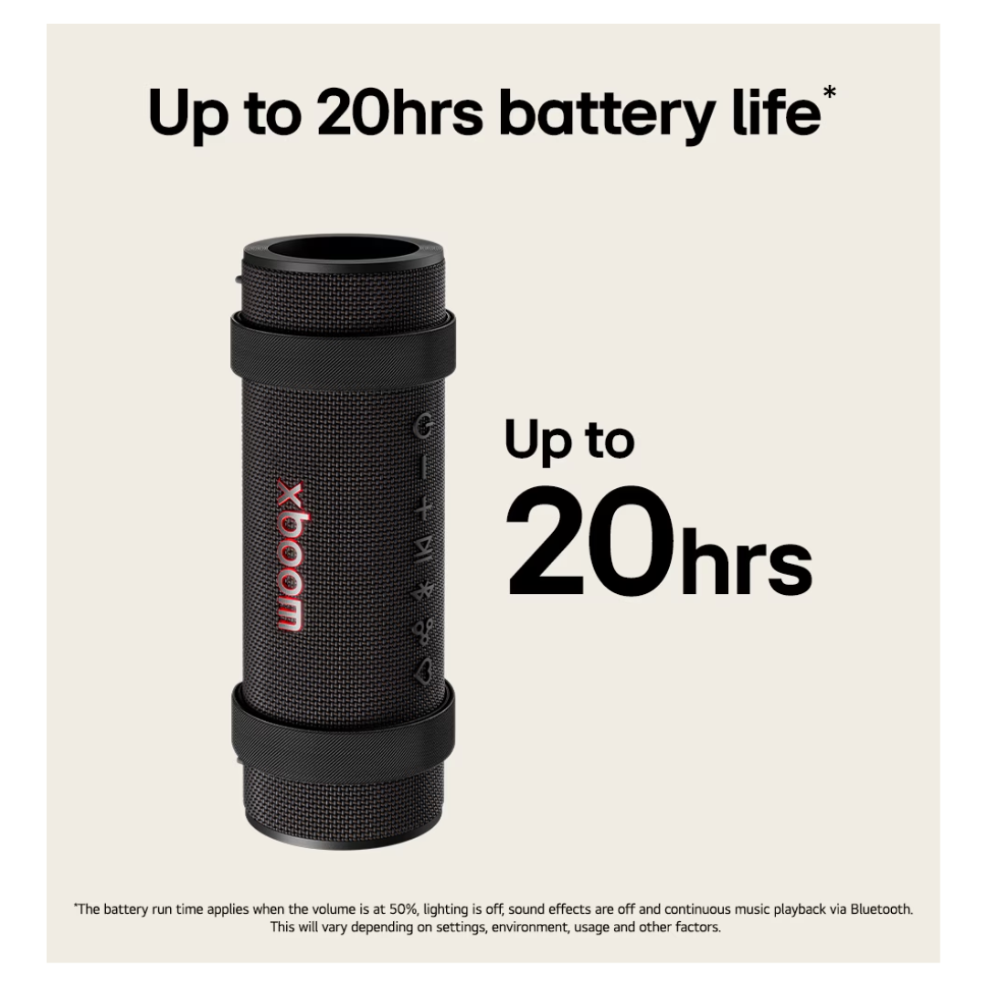 Black LG Grab xboom portable speaker showing off the 20hr battery life