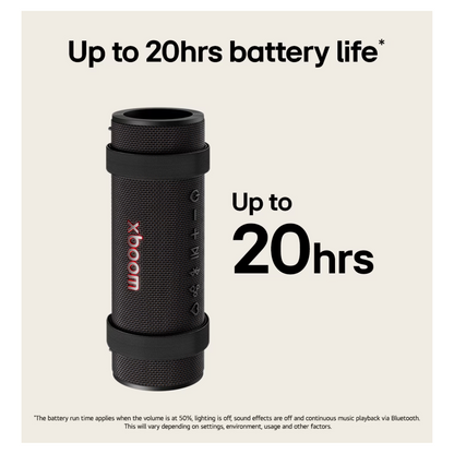 Black LG Grab xboom portable speaker showing off the 20hr battery life