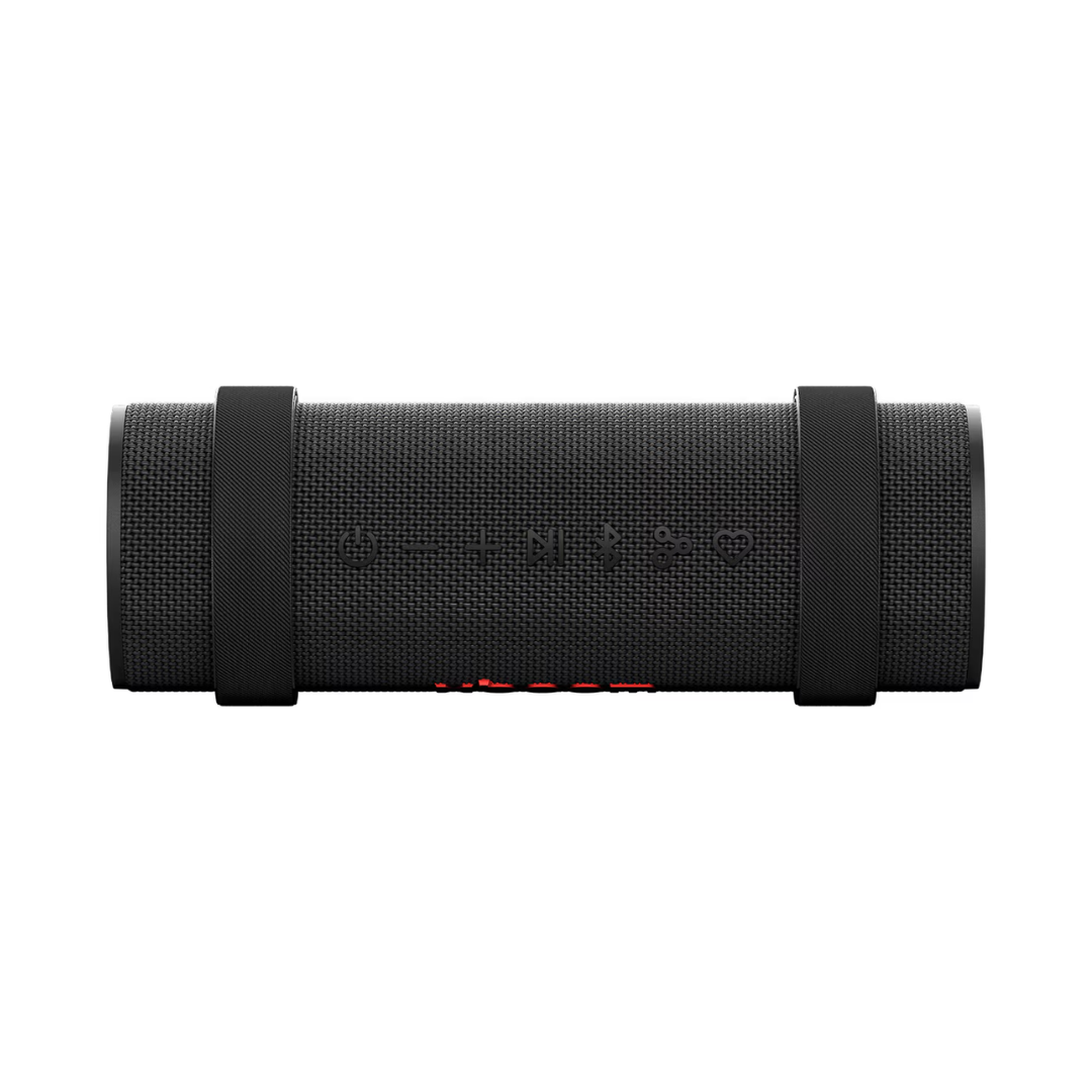Black LG xboom portable speaker with control buttons on display on a white background. 