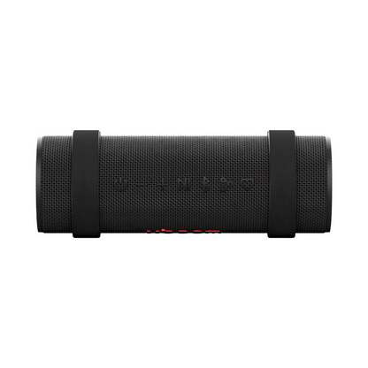 Black LG xboom portable speaker with control buttons on display on a white background. 