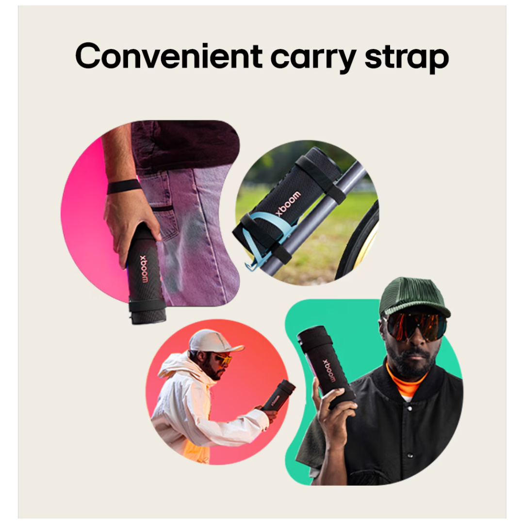 LG xboom portable speaker with a convenient carry strap shown in various contexts on a light background.