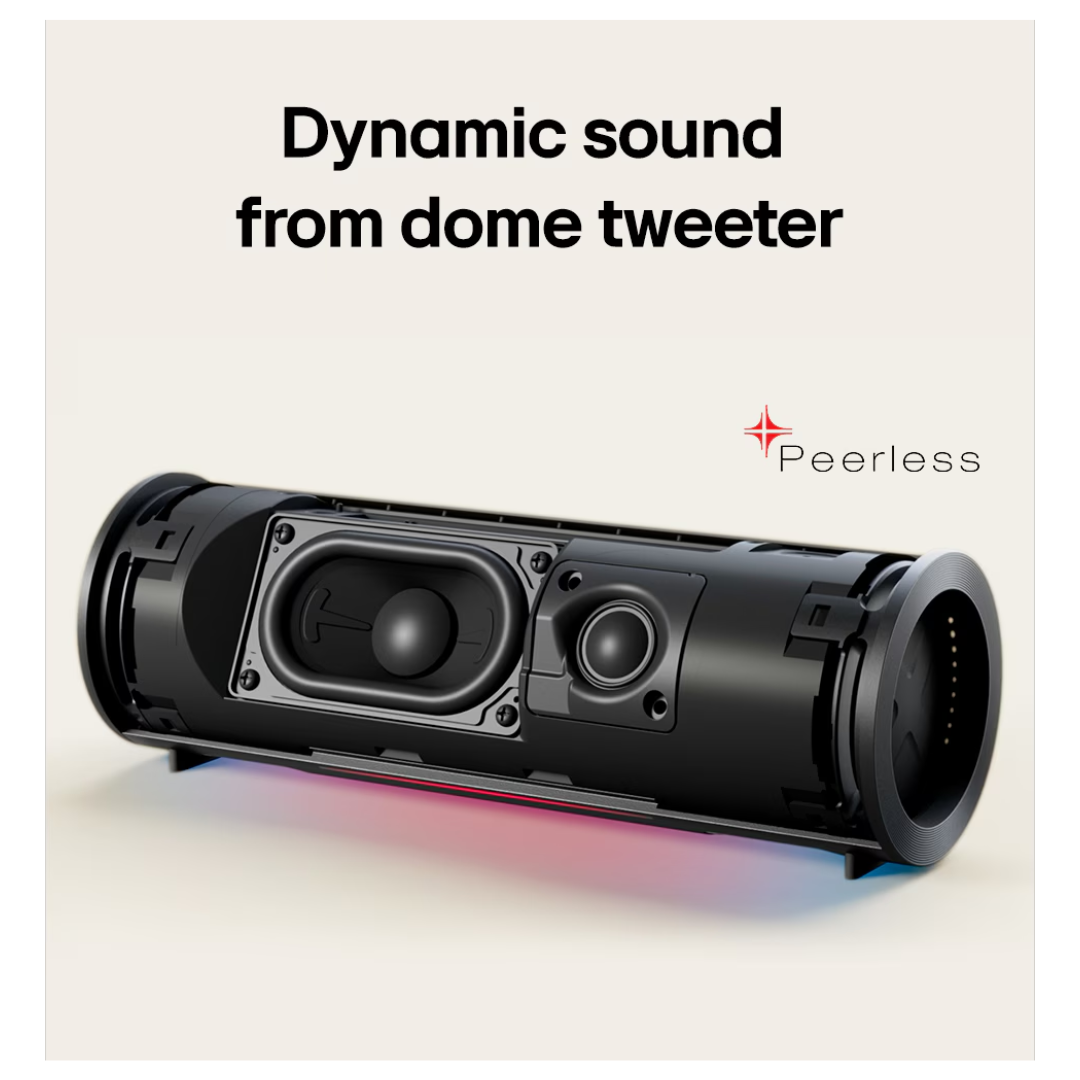 Black portable LG xboom speaker with 'Peerless' branding on a light background