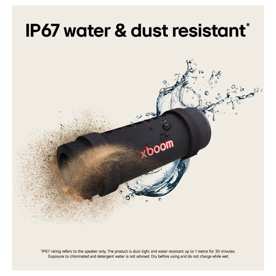 Black LG xboom speaker with water and dust resistance features on a beige background