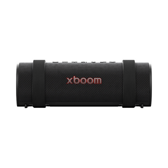 Black portable LG xboom speaker on a white background.