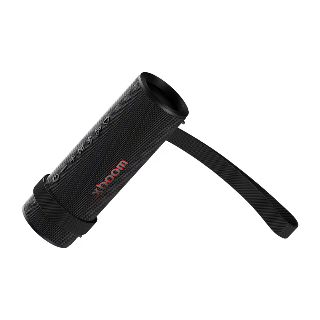 Black portable LG xboom speaker with 'xboom' branding on a white background