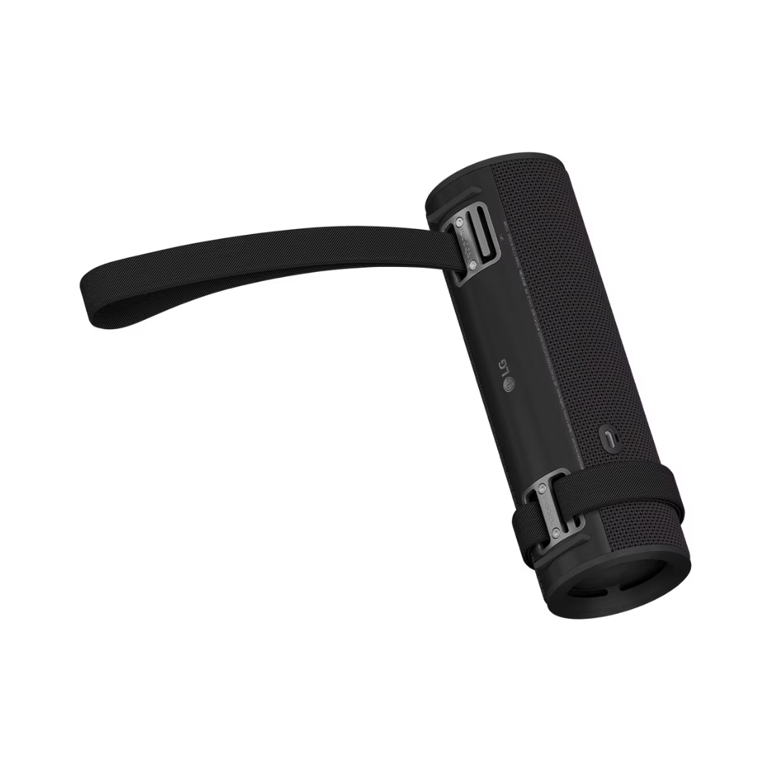 Black portable LG xboom speaker with a strap on a white background