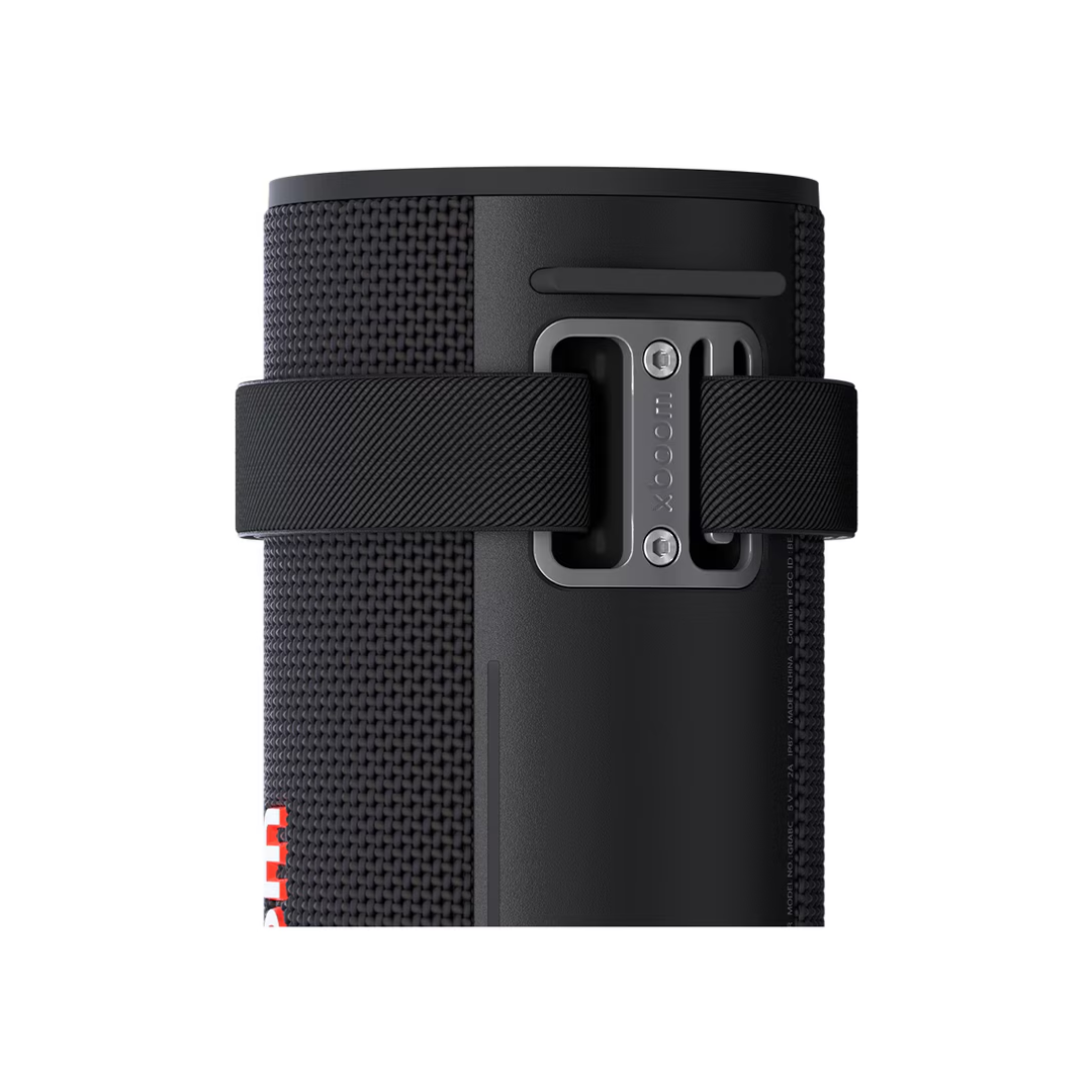 Black LG xboom portable speaker showing the strap attachments. 