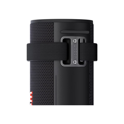 Black LG xboom portable speaker showing the strap attachments. 