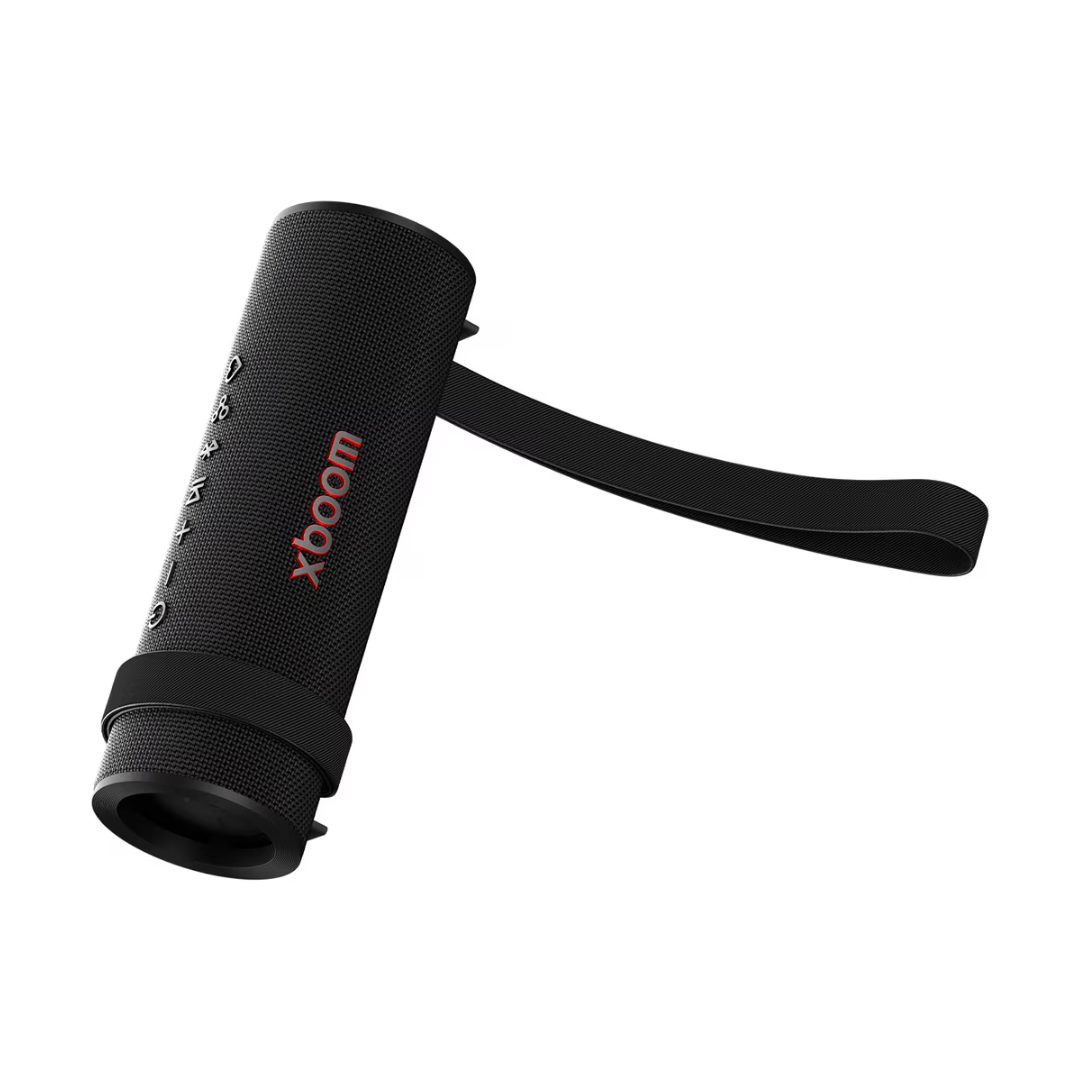Black portable LG speaker with 'xboom' branding on a white background