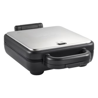 Angle view of the Sunbeam sandwich press in stainless steel with the lid closed, showing its modern design and build quality. 