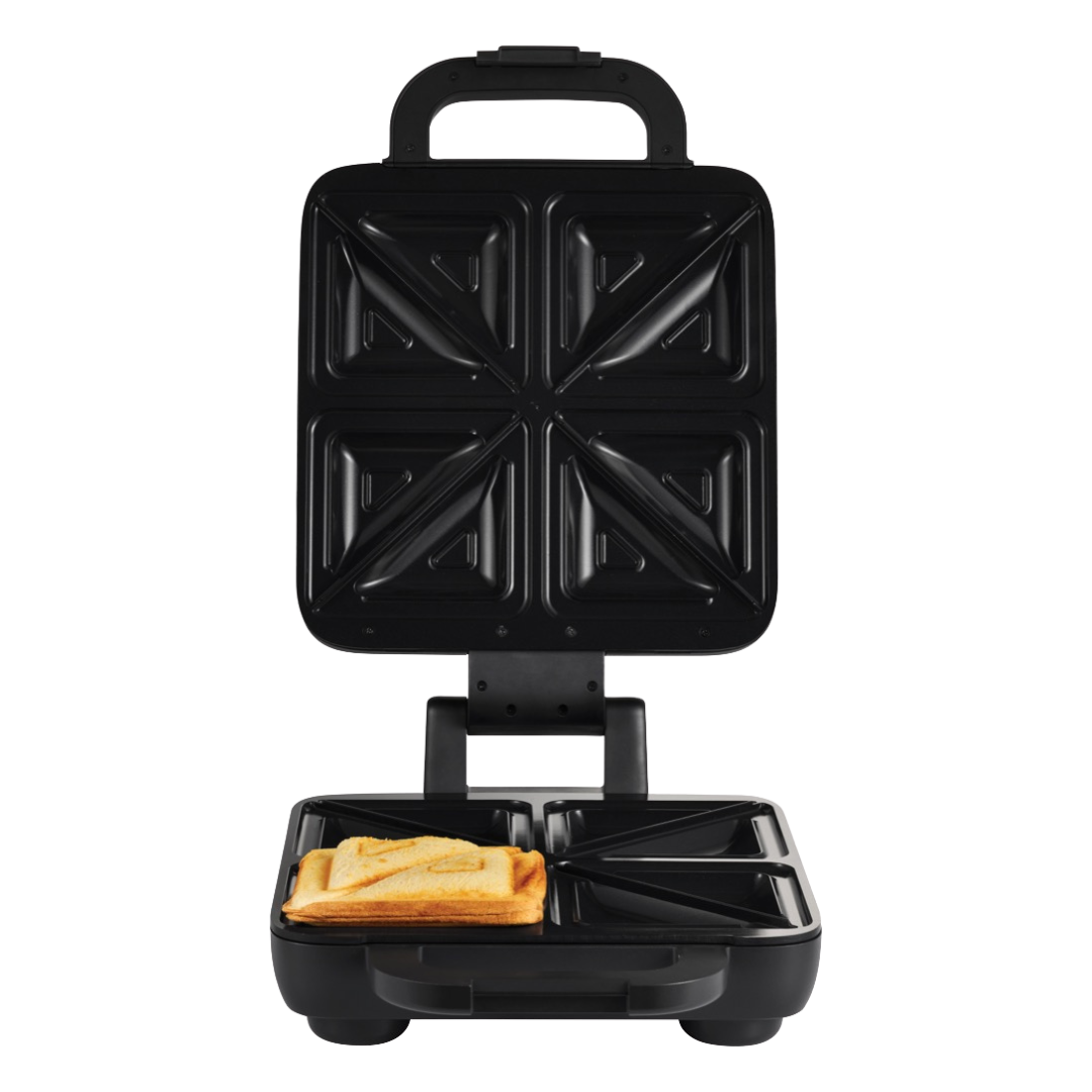 Front view of an open Sunbeam sandwich press with non-stick triangular cooking plates and one toasted sandwich inside, ready to serve.